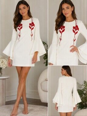 MARCIANO LOS AMGLES White Dress with Red Floral Embroidery GORGEOIS HEAVY FABRIC